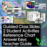 Educational materials including slides, activities, and charts on a world map background.