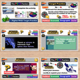 Educational software interface with various educational activities on a wooden surface.