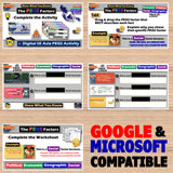Educational software interface with multiple screens on a wooden surface, featuring Google and Microsoft compatibility text.