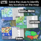 Educational materials on a map with labels for bodies of water, landforms, and states.