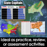 Educational material on state capitals with a map of the United States and a chart.