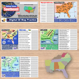 Educational materials on a wooden surface including maps and worksheets about the United States Southeast region.