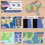 Educational materials for a map challenge on the southeastern United States on a wooden surface.
