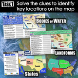 Educational materials on map skills including maps of bodies of water, landforms, and states.