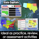 Map of the United States with labeled states and capitals, ideal for educational activities.