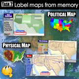 Collage of various maps labeled 'Political Map' and 'Physical Map' with a cartoon character at the bottom.