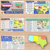Educational materials on a wooden surface including maps and worksheets about the Southwest region of the United States.