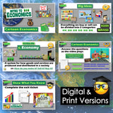 Collection of educational materials on economics with cartoon characters and text.