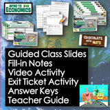 Educational materials for an economics class including slides, notes, activities, and a teacher guide on a colorful background.