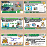 Educational materials for a economics lesson on a wooden surface