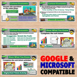 Cartoon Economics educational materials on a wooden surface with 'Google & Microsoft Compatible' text.