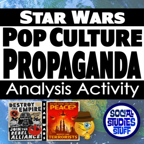 Promotional graphic for 'Star Wars Pop Culture Propaganda Analysis Activity' with posters and text.