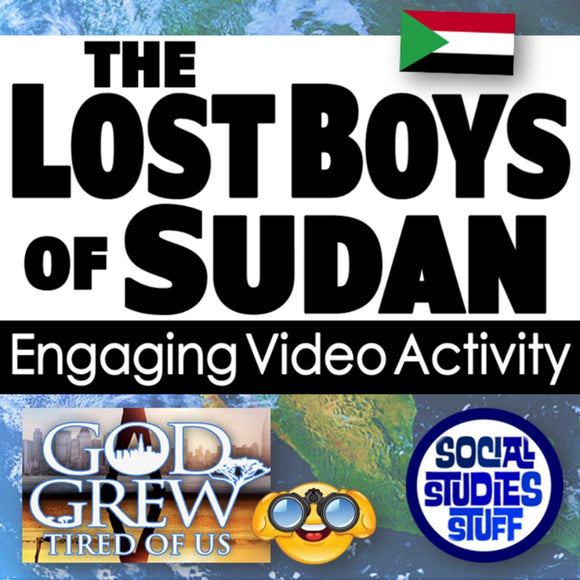 Promotional graphic for 'The Lost Boys of Sudan' video activity with text and logos.