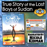 DVD cover of 'God Grew Tired of Us' with promotional materials and text about the 'Lost Boys of Sudan'.