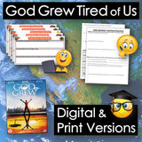 Educational materials with 'God Grew Tired of Us' on a world map background