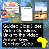 Educational materials with a map of Africa and text about guided class slides, video questions, and resources.