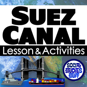 Promotional graphic for Suez Canal lesson and activities with a bridge and container ship illustration.