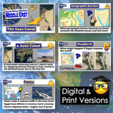 Educational content about the Suez Canal and geographic barriers with interactive elements.