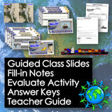 Educational materials including slides, notes, and activities on a world map background.