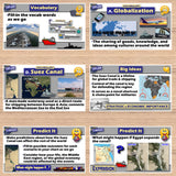 Educational posters on a wooden surface with vocabulary, globalization, Suez Canal, and prediction exercises.