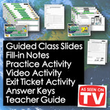 Educational materials with text on a blue background, including 'Guided Class Slides', 'Fill-in Notes', and 'Practice Activity'.