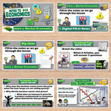 Educational materials on market economics with graphics and text on a wooden surface.