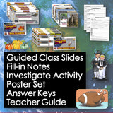 Educational materials including slides, notes, activities, and posters on a colorful background.