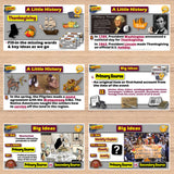 Educational cards on a wooden surface with historical content and graphics.