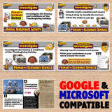 Educational Thanksgiving-themed digital investigate activity on a wooden background with 'Google & Microsoft Compatible' text.