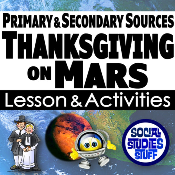 Promotional graphic for a lesson and activities on Thanksgiving on Mars with text and graphics.