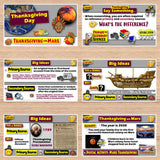 Educational posters on a wooden surface with various topics including Thanksgiving, primary vs. secondary sources, and a scenario about Thanksgiving on Mars.
