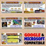 Educational materials on Thanksgiving with various activities and questions on a wooden background.