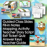 Educational resources with slides, notes, and activities on a world map background.