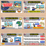 Educational materials on a wooden surface, including slides and digital fill-in notes about the Columbian Exchange and Christopher Columbus.