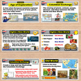 Educational slides on the Age of Exploration, Columbian Exchange, and Sights of the New World with images and text.