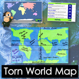 World map with labeled continents and oceans, educational chart, and cartoon character on a world map background.