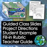 Educational materials including slides, directions, and examples with a world map background.