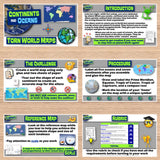 Educational bulletin board with world map activities and instructions on a wooden surface.