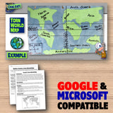 World map activity sheet with educational materials on a wooden surface