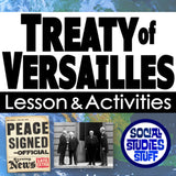 Promotional graphic for Treaty of Versailles lesson and activities with text and images.