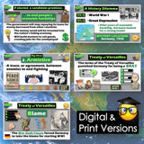 Educational materials on World War I and the Treaty of Versailles with digital and print versions displayed.