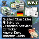 Educational materials for World War I with slides, notes, activities, and a teacher guide on a world map background.