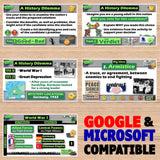 Educational game interface with historical themes on a wooden surface, featuring Google and Microsoft compatibility text.