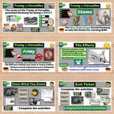Educational materials about the Treaty of Versailles on a wooden surface