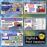 Educational materials on digital and print versions of government types, vocabulary, and activities.