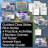 Educational materials including slides, notes, activities, and games on a blue background.