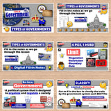Educational materials on types of governments displayed on a wooden surface.