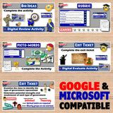 Educational digital activities and assessments on a wooden surface with 'Google & Microsoft Compatible' text.