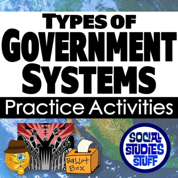Title card for 'Types of Government Systems Practice Activities' with graphics and text on a blue and white background.