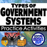 Title card for 'Types of Government Systems Practice Activities' with graphics and text on a blue and white background.